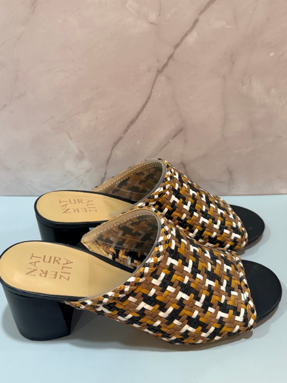 Naturalizer Multi-Color Woven Slide Mules in Brown, White & Mustard